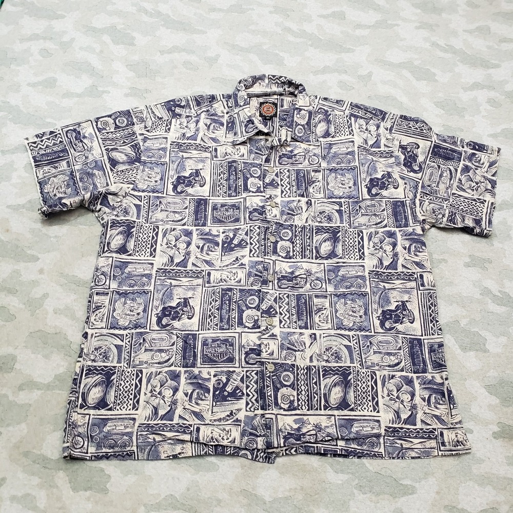Harley Davidson Shirt Mens XL Blue Tiki Tribal Short Sleeve Button-Up Motorcycle